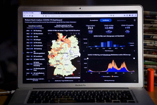 Coronavirus in Germany Covid 19 Dashboard of the Robert Koch Institute 10 08 2021 Robert Koch Institute 7 days Incidence 23.5 7 days Number of cases 19 580 COVID 19 cases 3 794 429 Addition by 2 480 the previous day COVID 19 deaths 91 803 Addition by 19 compared to the previous day