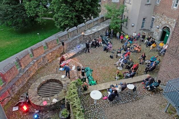 Courtyard concert at Frankenberg Castle Aachen, 08 08 2021 Jazz concert by Tamara Lukasheva vocals and Lucas Leidinger piano in the courtyard of Frankenberg Castle Due to the Corona distance rules only a limited number of listeners could be admitted Aachen Burg Frankenberg NRW Germany