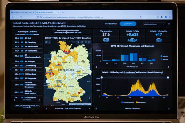 Coronavirus in Germany Covid 19 Dashboard of the Robert Koch Institute 12 08 2021 Robert Koch Institute 7 days Incidence 27.6 7 days Number of cases 22 956 COVID 19 Cases 3 805 063 Addition by 5 638 the previous day COVID 19 Deaths 91 834 Addition by 17 compared to previous day