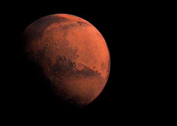 IMAGO Creative: Planeten im Sonnensystem Mars - Symbolbilder Mars red planet orbiting in space with heavy shadow across the world concept 4050_rf_03_fi_img_0434