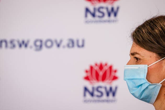 GLADYS BEREJIKLIAN COVID19 PRESSER, NSW Premier Gladys Berejiklian wears a face mask as she attends a press conference in Sydney, Sunday, August 15, 2021. NSW recorded 415 new locally acquired cases of COVID-19 with at least 66 infectious while in the community, as the entire state continues in lockdown. ( NO ARCHIVING, EDITORIAL USE ONLY, NO USE IN BOOKS WITHOUT CONSENT SYDNEY NSW AUSTRALIA  Copyright: xDAVIDxGRAYx 20210815001567013494