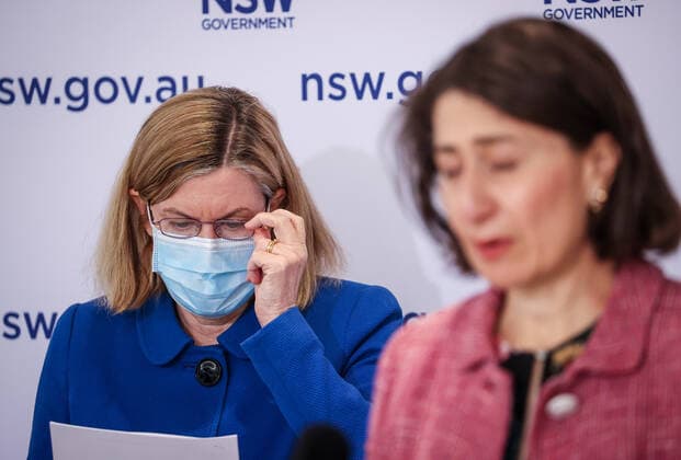 GLADYS BEREJIKLIAN COVID19 PRESSER, NSW Premier Gladys Berejiklian (right) speaks next to NSW Chief Health Officer Dr Kerry Chant during a press conference in Sydney, Sunday, August 15, 2021. NSW recorded 415 new locally acquired cases of COVID-19 with at least 66 infectious while in the community, as the entire state continues in lockdown. ( NO ARCHIVING, EDITORIAL USE ONLY, NO USE IN BOOKS WITHOUT CONSENT SYDNEY NSW AUSTRALIA  Copyright: xDAVIDxGRAYx 20210815001567013752