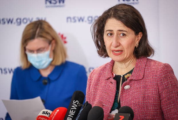 GLADYS BEREJIKLIAN COVID19 PRESSER, NSW Premier Gladys Berejiklian (right) speaks next to NSW Chief Health Officer Dr Kerry Chant during a press conference in Sydney, Sunday, August 15, 2021. NSW recorded 415 new locally acquired cases of COVID-19 with at least 66 infectious while in the community, as the entire state continues in lockdown. ( NO ARCHIVING, EDITORIAL USE ONLY, NO USE IN BOOKS WITHOUT CONSENT SYDNEY NSW AUSTRALIA  Copyright: xDAVIDxGRAYx 20210815001567013817