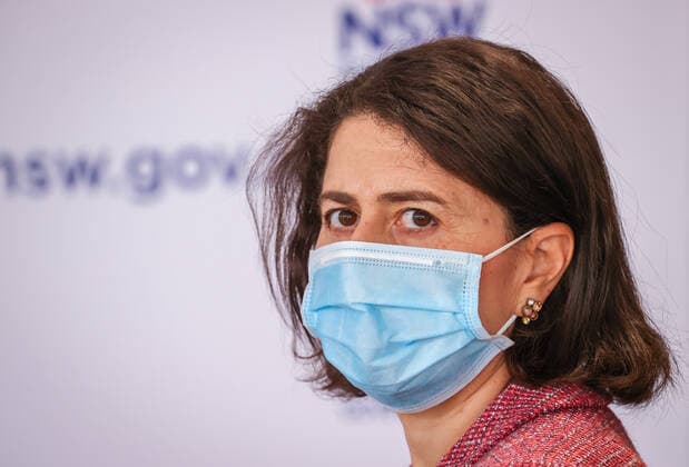 GLADYS BEREJIKLIAN COVID19 PRESSER, NSW Premier Gladys Berejiklian wears a face mask as she attends a press conference in Sydney, Sunday, August 15, 2021. NSW recorded 415 new locally acquired cases of COVID-19 with at least 66 infectious while in the community, as the entire state continues in lockdown. ( NO ARCHIVING, EDITORIAL USE ONLY, NO USE IN BOOKS WITHOUT CONSENT SYDNEY NSW AUSTRALIA  Copyright: xDAVIDxGRAYx 20210815001567014007