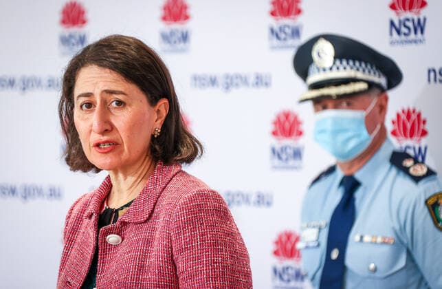 GLADYS BEREJIKLIAN COVID19 PRESSER, NSW Premier Gladys Berejiklian (left) speaks in front of NSW Police Deputy Commissioner Mick Willing as he wears a face mask during a press conference in Sydney, Sunday, August 15, 2021. NSW recorded 415 new locally acquired cases of COVID-19 with at least 66 infectious while in the community, as the entire state continues in lockdown. ( NO ARCHIVING, EDITORIAL USE ONLY, NO USE IN BOOKS WITHOUT CONSENT SYDNEY NSW AUSTRALIA  Copyright: xDAVIDxGRAYx 20210815001567016043