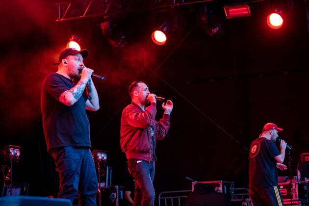 Rapper Danger Dan The Hip Hop Band Antilopen Gang with the Insolvenzverschleppung Tour on the Kunst Rasen Bonn, 15 08 2021 organized by E L Hartz Promotion GmbH Bonn Gronau NRW Germany