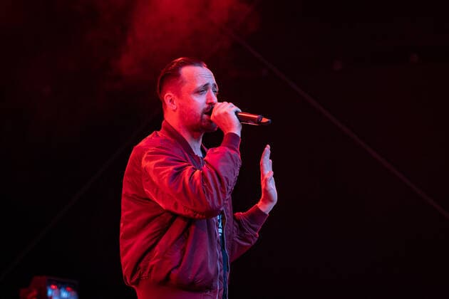 Rapper Danger Dan The Hip Hop Band Antilopen Gang with the Insolvenzverschleppung Tour on the Kunst Rasen Bonn, 15 08 2021 organized by E L Hartz Promotion GmbH Bonn Gronau NRW Germany