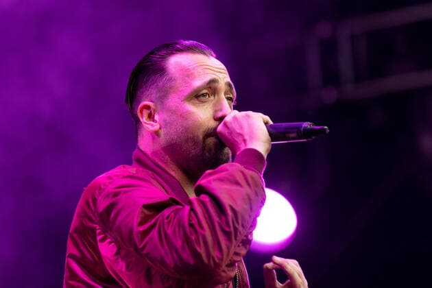 Rapper Danger Dan The Hip Hop Band Antilopen Gang with the Insolvenzverschleppung Tour on the Kunst Rasen Bonn, 15 08 2021 organized by E L Hartz Promotion GmbH Bonn Gronau NRW Germany