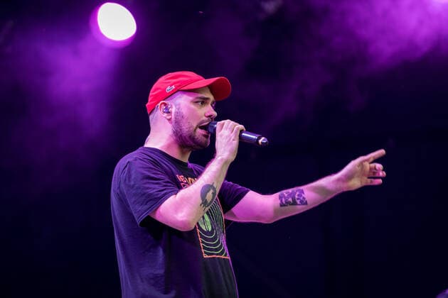 Rapper Koljah The Hip Hop Band Antilopen Gang with the Insolvenzverschleppung Tour on the Kunst Rasen Bonn, 15 08 2021 organized by E L Hartz Promotion GmbH Bonn Gronau NRW Germany
