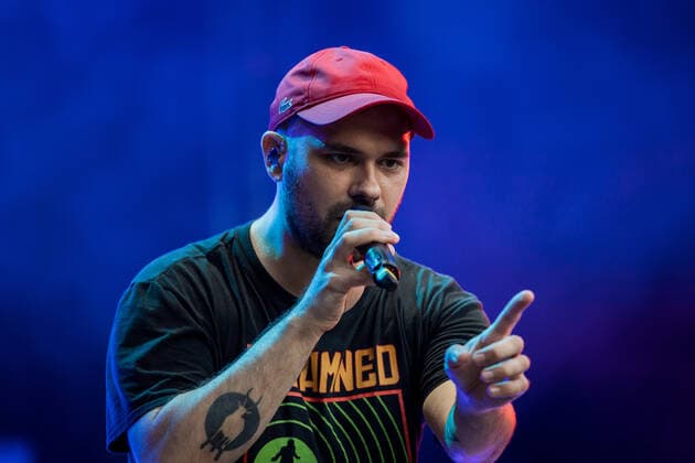 Rapper Koljah The Hip Hop Band Antilopen Gang with the Insolvenzverschleppung Tour on the Kunst Rasen Bonn, 15 08 2021 organized by E L Hartz Promotion GmbH Bonn Gronau NRW Germany