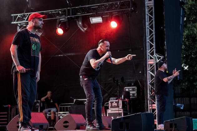 The Hip Hop Band Antilopen Gang with the Insolvenzverschleppung Tour on the Kunst Rasen Bonn, 15 08 2021 organized by E L Hartz Promotion GmbH Bonn Gronau NRW Germany