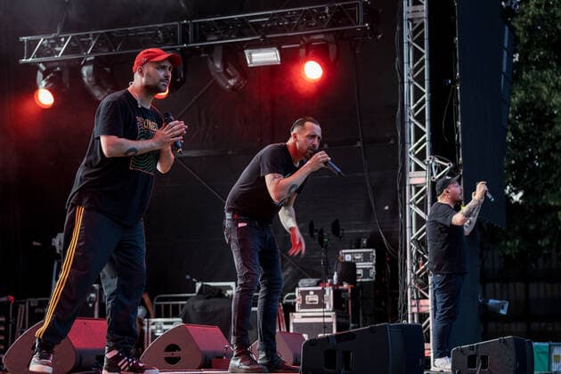 The Hip Hop Band Antilopen Gang with the Insolvenzverschleppung Tour on the Kunst Rasen Bonn, 15 08 2021 organized by E L Hartz Promotion GmbH Bonn Gronau NRW Germany