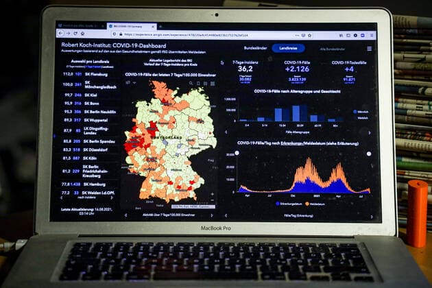 Coronavirus in Germany Covid 19 Dashboard of the Robert Koch Institute 16 08 2021 Robert Koch Institute 7 days Incidence 36.2 7 days Number of cases 30 082 COVID 19 cases 3 823 139 Addition of 2 126 the previous day COVID 19 deaths 91 871 Addition of 4 compared with the previous day