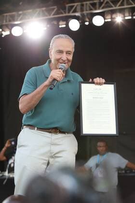 August 16, 2021, Bronx, New York, USA: US Senate Leader Chuck Schumer during hip hop concert in Orchard Beach, Bronx, New York, during NYC Homecoming Week, which runs from 14 to 22 August with more than 100 arts, culture, entertainment and community events in various parts of the city. Even at outdoor events, people must show proof of vaccination. Copyright: xJosexFranciscox