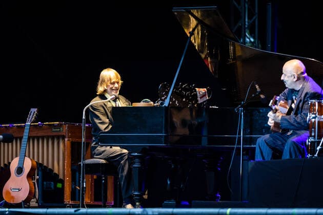 Helge Schneider, piano with Sandro Giampietro, guitar Live performance of the entertainer and musician Helge Schneider with the program Die Wiederkehr des blaugrünen Smaragdkäfers at the Kunst Rasen Bonn, 17 08 2021 organized by E L Hartz Promotion GmbH Bonn Gronau NRW Germany