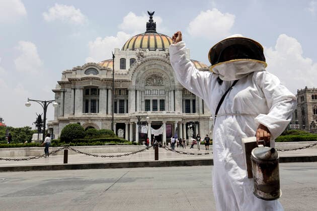 National Bee Day In Mexico MEXICO CITY, MEXICO - AUGUST 17: A beekeeper from Abejas de Barrio of Xochimilco, holds a bee smoker while protest to demand More Pollination and Less Pesticides as a campaign to protect the bees during the National Bee Day at Palace of Fine Arts on August 17, 2021 in Mexico City, Mexico. Copyright: xLuisxBarronx EYEPIXGROUP_LB_17082021_12396
