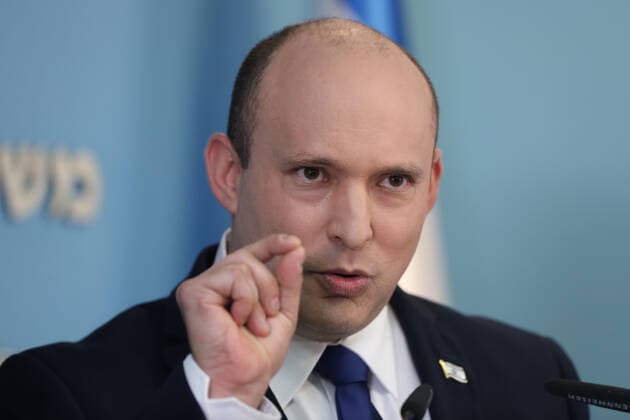 Israeli Prime Minister Naftali Bennett speaks during a media statement regarding the COVID-19 pandemic status in the country at the Prime Minister s office in Jerusalem, Israel on Wednesday, August 18, 2021. Pool Photo  JERX2021081803 stf