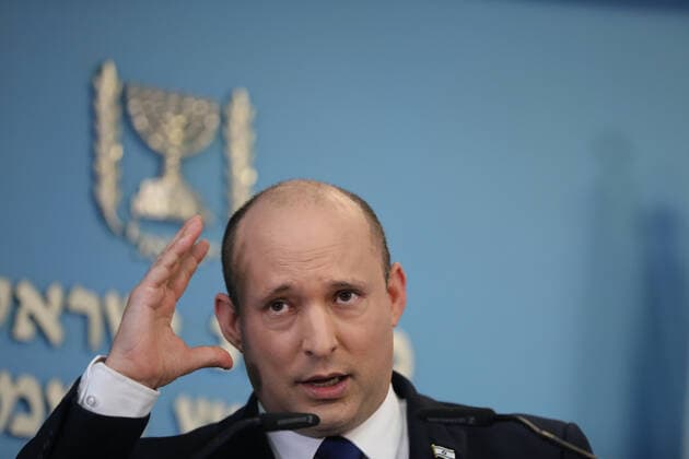 Israeli Prime Minister Naftali Bennett speaks during a media statement regarding the COVID-19 pandemic status in the country at the Prime Minister s office in Jerusalem, Israel on Wednesday, August 18, 2021. Pool Photo  JERX20210818077 stf