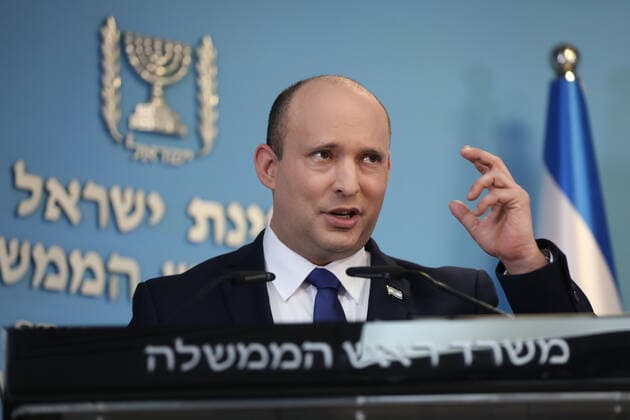 Israeli Prime Minister Naftali Bennett speaks during a media statement regarding the COVID-19 pandemic status in the country at the Prime Minister s office in Jerusalem, Israel on Wednesday, August 18, 2021. Pool Photo  JERX2021081807 stf