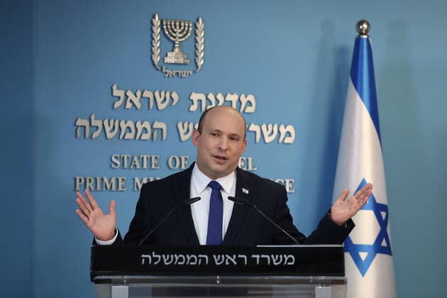 Israeli Prime Minister Naftali Bennett speaks during a media statement regarding the COVID-19 pandemic status in the country at the Prime Minister s office in Jerusalem, Israel on Wednesday, August 18, 2021. Pool Photo  JERX2021081809 stf