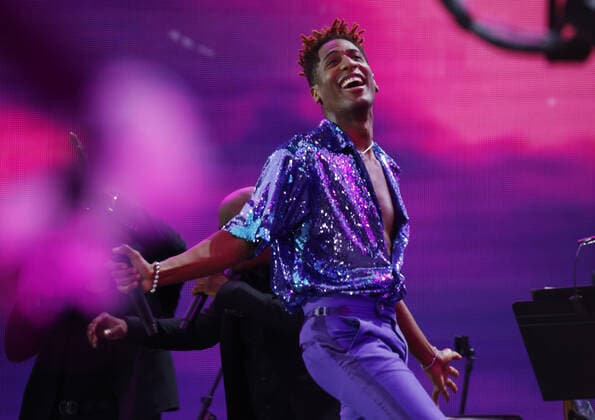 Jon Batiste performs at the We Love NYC: The Homecoming Concert In Central Park in New York City on Saturday, August 21, 2021. The Event ended abruptly when thunder storms and lightning related to Hurricane Henri moved into the area.  NYP20210821123 JohnxAngelillo