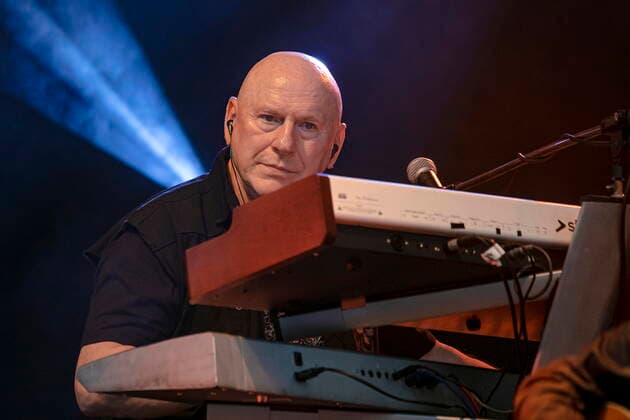 Manfred Hennig keyboards of the group CITY founded in 1972 in East Berlin GDR during the Candlelight Open Air rock concert live in Coswig