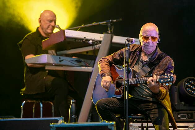 Manfred Hennig keyboards and Toni Krahl vocals, guitar L R of the group CITY founded in 1972 in East Berlin GDR during the Candlelight Open Air rock concert live in Coswig
