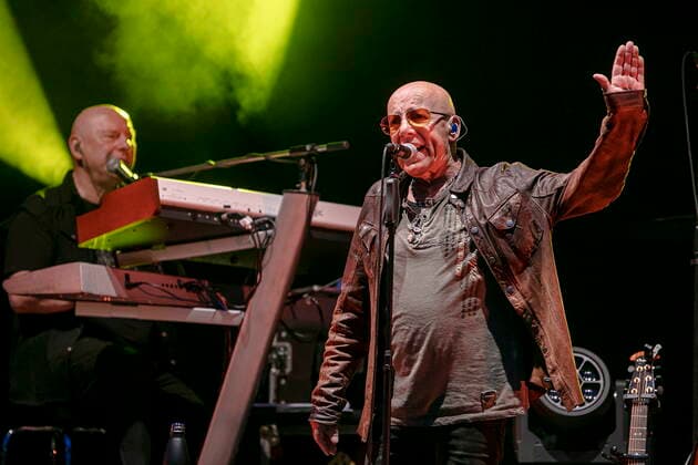 Manfred Hennig keyboards and Toni Krahl vocals, guitar L R of the group CITY founded in 1972 in East Berlin GDR during the Candlelight Open Air rock concert live in Coswig