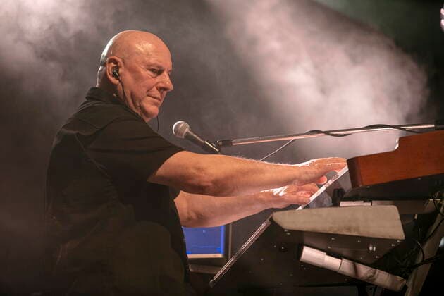 Manfred Hennig keyboards of the group CITY founded in 1972 in East Berlin GDR during the Candlelight Open Air rock concert live in Coswig