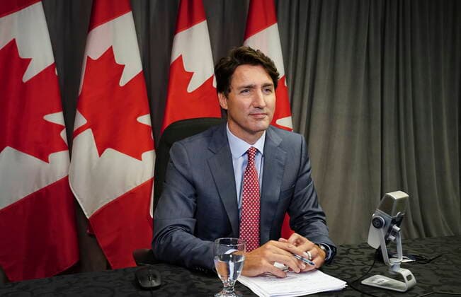 August 24, 2021, Hamilton, Ontario, Canada: Prime Minister Justin Trudeau takes part in a virtual G7 meeting on the crisis in Afghanistan from Hamilton, Ont., on Tuesday, Aug 24, 2021. Hamilton Canada  - ZUMAc35_ 20210824_zaf_c35_006 Copyright: xSeanxKilpatrickx