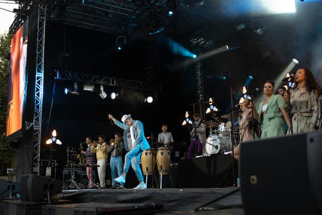 The Hip Hop Funk and Soul musician Jan Delay Jan Philipp Eißfeldt and the band Disko No 1 performing live at the Kunst Rasen Bonn Gronau Organizer ELHart Promotion GmbH Bonn Gronau NRW Germany