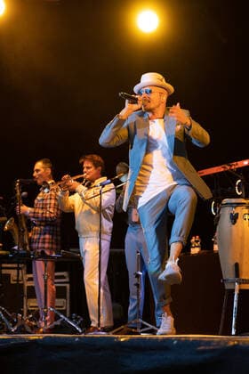 The Hip Hop Funk and Soul musician Jan Delay Jan Philipp Eißfeldt and the band Disko No 1 performing live at the Kunst Rasen Bonn Gronau Organizer ELHart Promotion GmbH Bonn Gronau NRW Germany