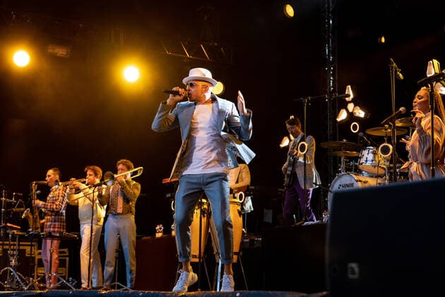 The Hip Hop Funk and Soul musician Jan Delay Jan Philipp Eißfeldt and the band Disko No 1 performing live at the Kunst Rasen Bonn Gronau Organizer ELHart Promotion GmbH Bonn Gronau NRW Germany