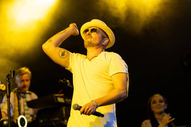 The Hip Hop Funk and Soul musician Jan Delay Jan Philipp Eißfeldt and the band Disko No 1 performing live at the Kunst Rasen Bonn Gronau Organizer ELHart Promotion GmbH Bonn Gronau NRW Germany