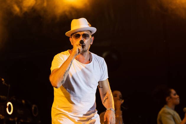 The Hip Hop Funk and Soul musician Jan Delay Jan Philipp Eißfeldt and the band Disko No 1 performing live at the Kunst Rasen Bonn Gronau Organizer ELHart Promotion GmbH Bonn Gronau NRW Germany