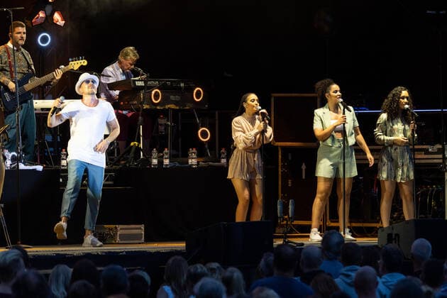 The Hip Hop Funk and Soul musician Jan Delay Jan Philipp Eißfeldt and the band Disko No 1 performing live at the Kunst Rasen Bonn Gronau Organizer ELHart Promotion GmbH Bonn Gronau NRW Germany