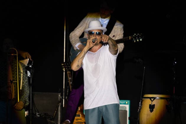 The Hip Hop Funk and Soul musician Jan Delay Jan Philipp Eißfeldt and the band Disko No 1 performing live at the Kunst Rasen Bonn Gronau Organizer ELHart Promotion GmbH Bonn Gronau NRW Germany