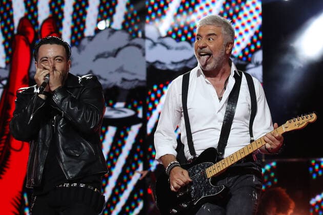 SOCHI, RUSSIA - AUGUST 25, 2021: Guest singer Soso Pavliashvili (R) performs in a gala concert on the closing day of the 2021 New Wave Song Contest, an international competition for young pop music performers. Eleven singers representing nine countries took part in the contest, which ran from 19 to 25 August. Vyacheslav Prokofyev TASS  TS10DC98