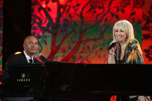 SOCHI, RUSSIA - AUGUST 25, 2021: Composer Igor Krutoi (L) and guest singer Irina Allegrova perform in a gala concert on the closing day of the 2021 New Wave Song Contest, an international competition for young pop music performers. Eleven singers representing nine countries took part in the contest, which ran from 19 to 25 August. Vyacheslav Prokofyev TASS  TS10DC99