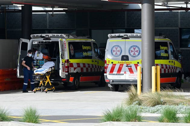 NSW CORONAVIRUS COVID19, NSW Ambulances park in the receiving bay for the Emergency Department at the Blacktown Hospital in Sydney, Thursday, August 26, 2021. NSW has extended its current lockdown in Greater Sydney until at least September 30, and has introduced new rules targeting the LGA?s of concern. ( NO ARCHIVING, EDITORIAL USE ONLY, NO USE IN BOOKS WITHOUT CONSENT SYDNEY NSW AUSTRALIA  Copyright: xBIANCAxDExMARCHIx 20210826001569833429