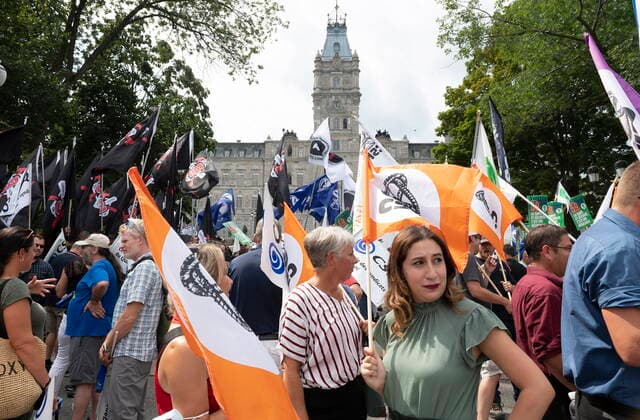 August 26, 2021, QUEBEC, PQ, Canada: A coalition of union workers demonstrate against Bill 59 on health and security for workers, at the provincial legislature in Quebec City, Thursday, Aug. 26, 2021. QUEBEC Canada  - ZUMAc35_ 20210826_zaf_c35_019 Copyright: xJacquesxBoissinotx