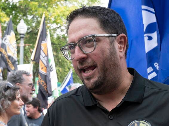 August 26, 2021, QUEBEC, PQ, Canada: Dominic Lemieux, president of the Metallos union demonstrates with a coalition of union workers against Bill 59 on health and security for workers, at the provincial legislature in Quebec City, Thursday, Aug. 26, 2021. QUEBEC Canada  - ZUMAc35_ 20210826_zaf_c35_020 Copyright: xJacquesxBoissinotx