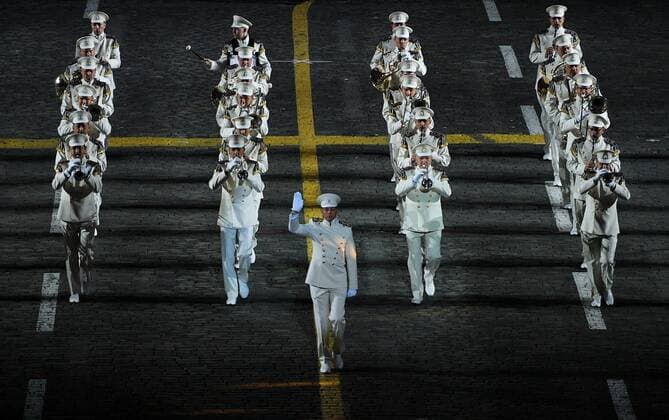 Russia Military Music Festival Rehearsal 6634065 26.08.2021 Members of the President s Band of the Moscow Kremlin Commandant s Service performs during a rehearsal for the Spasskaya Tower International Military Music Festival in Red Square in Moscow, Russia. Vladimir Pesnya Sputnik Moscow Russia  Copyright: xVladimirxPesnyax