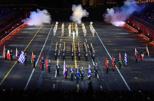 Russia Military Music Festival Rehearsal 6634069 26.08.2021 Participants perform during a rehearsal for the Spasskaya Tower International Military Music Festival in Red Square in Moscow, Russia. Vladimir Pesnya Sputnik Moscow Russia  Copyright: xVladimirxPesnyax