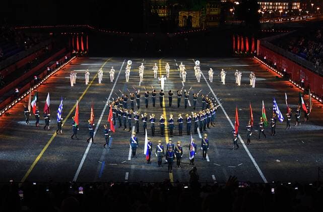Russia Military Music Festival Rehearsal 6634070 26.08.2021 Participants perform during a rehearsal for the Spasskaya Tower International Military Music Festival in Red Square in Moscow, Russia. Vladimir Pesnya Sputnik Moscow Russia  Copyright: xVladimirxPesnyax