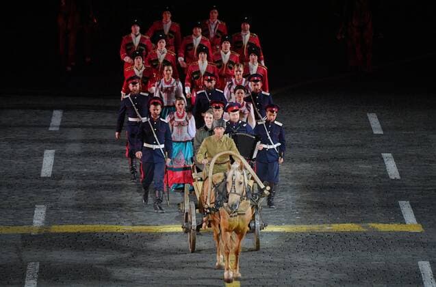 Russia Military Music Festival Rehearsal 6634110 26.08.2021 Members of the Kremlin Equestrian School perform during a rehearsal for the Spasskaya Tower International Military Music Festival in Red Square in Moscow, Russia. Vladimir Pesnya Sputnik Moscow Russia  Copyright: xVladimirxPesnyax