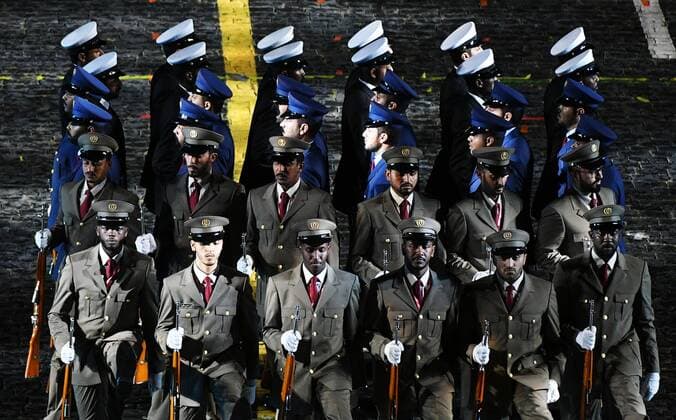 Russia Military Music Festival Rehearsal 6634251 26.08.2021 Members of the Qatar Military Parades Platoon perform during a rehearsal for the Spasskaya Tower International Military Music Festival in Red Square in Moscow, Russia. Vladimir Pesnya Sputnik Moscow Russia  Copyright: xVladimirxPesnyax