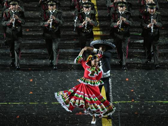 Russia Military Music Festival Rehearsal 6634190 26.08.2021 Members of the Representative Music Band of the Mexican Armed Forces and the Military Band of the Mexican Defence Ministry perform during a rehearsal for the Spasskaya Tower International Military Music Festival in Red Square in Moscow, Russia. Vladimir Pesnya Sputnik Moscow Russia  Copyright: xVladimirxPesnyax