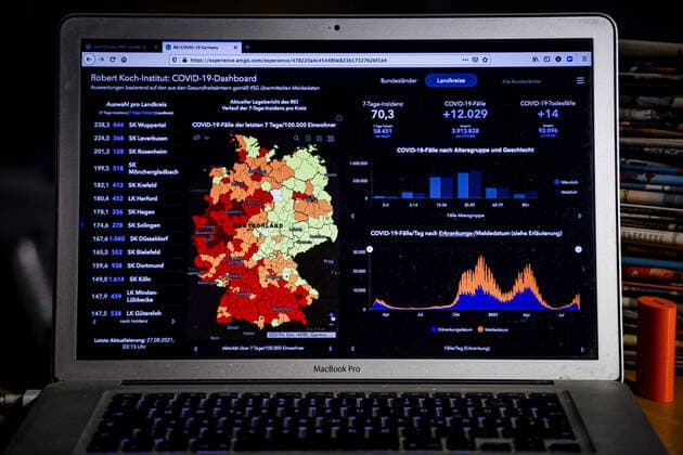 Coronavirus in Germany Covid 19 Dashboard of the Robert Koch Institute 27 08 2021 Robert Koch Institute 7 days Incidence 70.3 7 days Number of cases 58 451 COVID 19 cases 3 913 828 Addition of 12 029 compared to the previous day COVID 19 deaths 92 096 Addition of 14 compared to the previous day