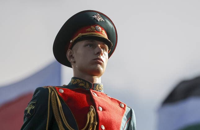MOSCOW, RUSSIA â€“ AUGUST 27, 2021: An honour guard seen at the opening of the 2021 Spasskaya Tower International Military Music Festival in Moscow s Red Square. Vladimir Gerdo TASS  TS10E015